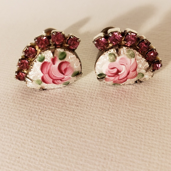Vintage 1940s Rose Rhinestone Earrings - Picture 3 of 5